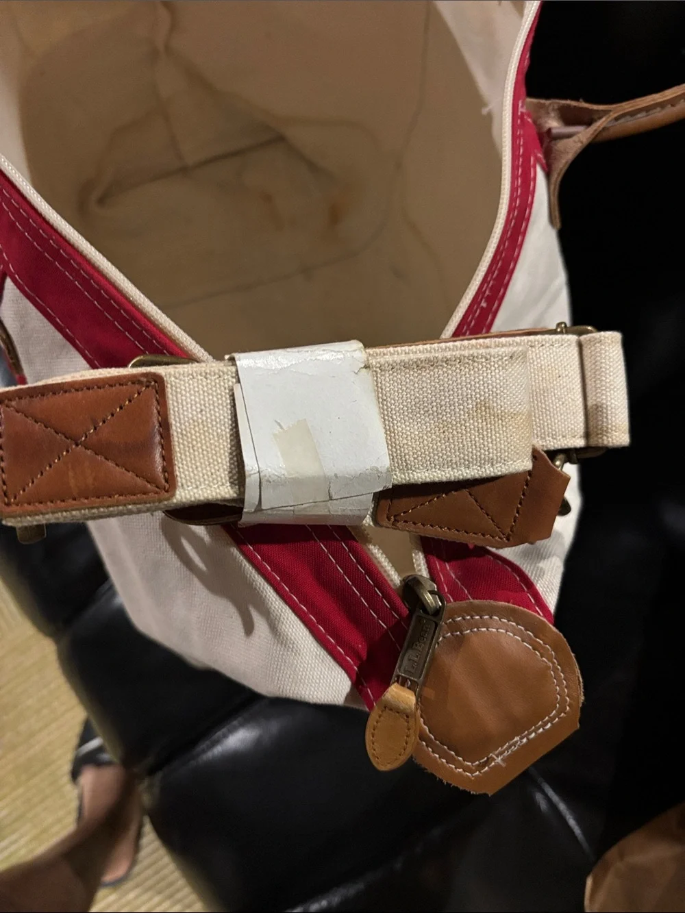 LL Bean Red & Cream Canvas Tote Bag with Leather Handles